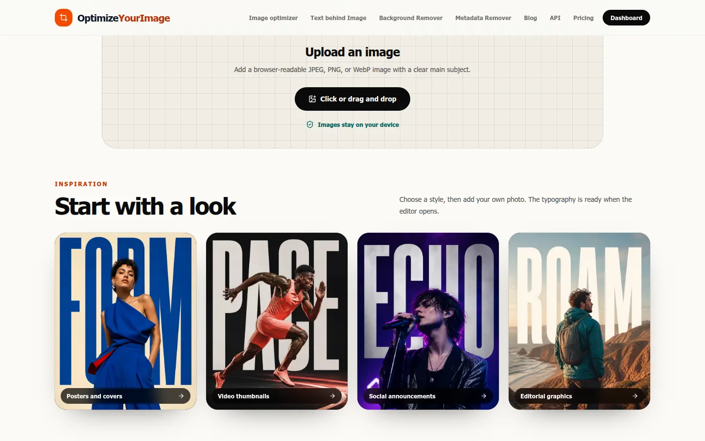 OptimizeYourImage upload area and four text-behind-object design examples